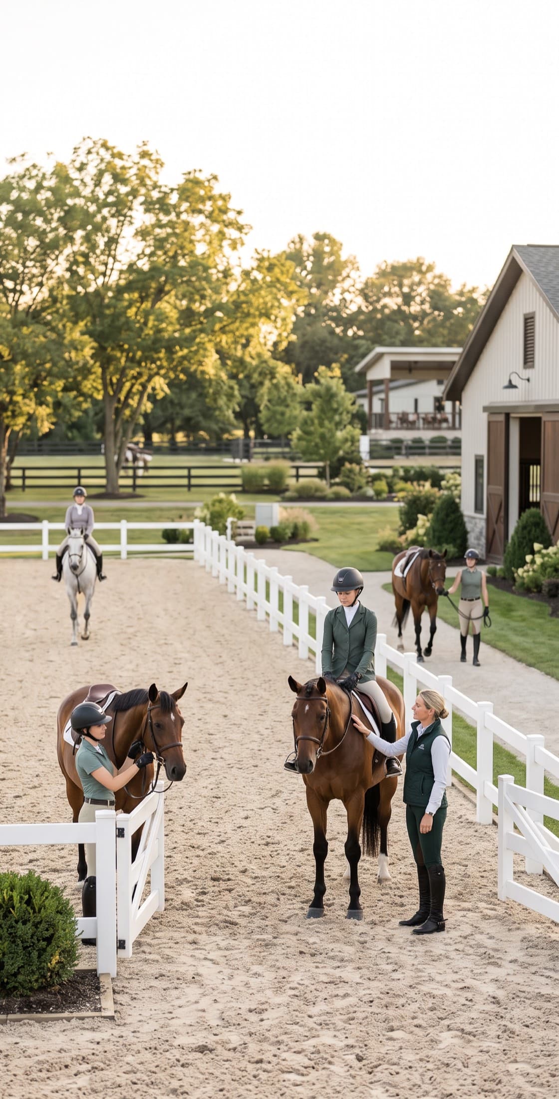 An instructor standing beside a mounted rider in an outdoor sand arena at golden hour, with a second rider holding a horse nearby, a white fence, and a barn beyond.