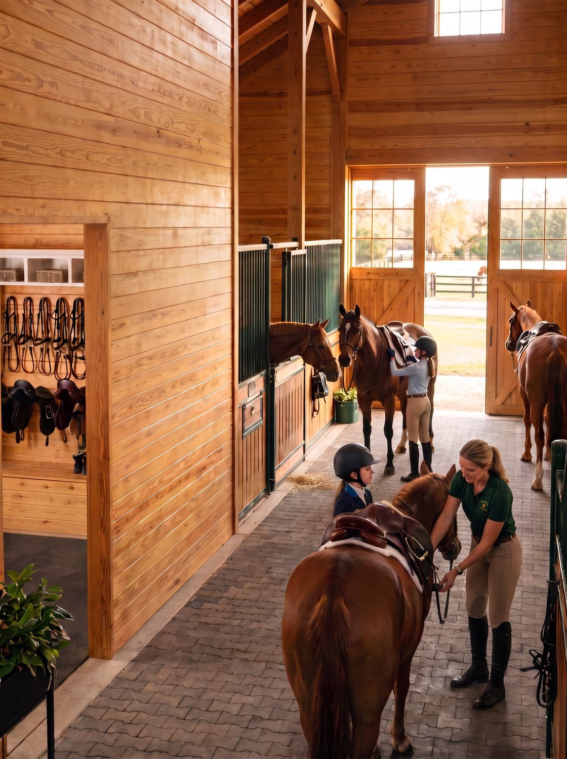 An instructor and a young rider tacking up a chestnut horse in a barn aisle, with horses in cross-ties and a wall of bridles and saddles along the near side.